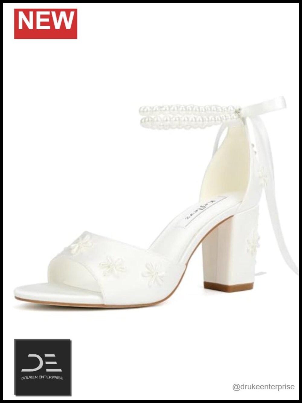 Pearl Embellished Block Heel Bridal Sandals Wedding Shoes Open Toe Satin